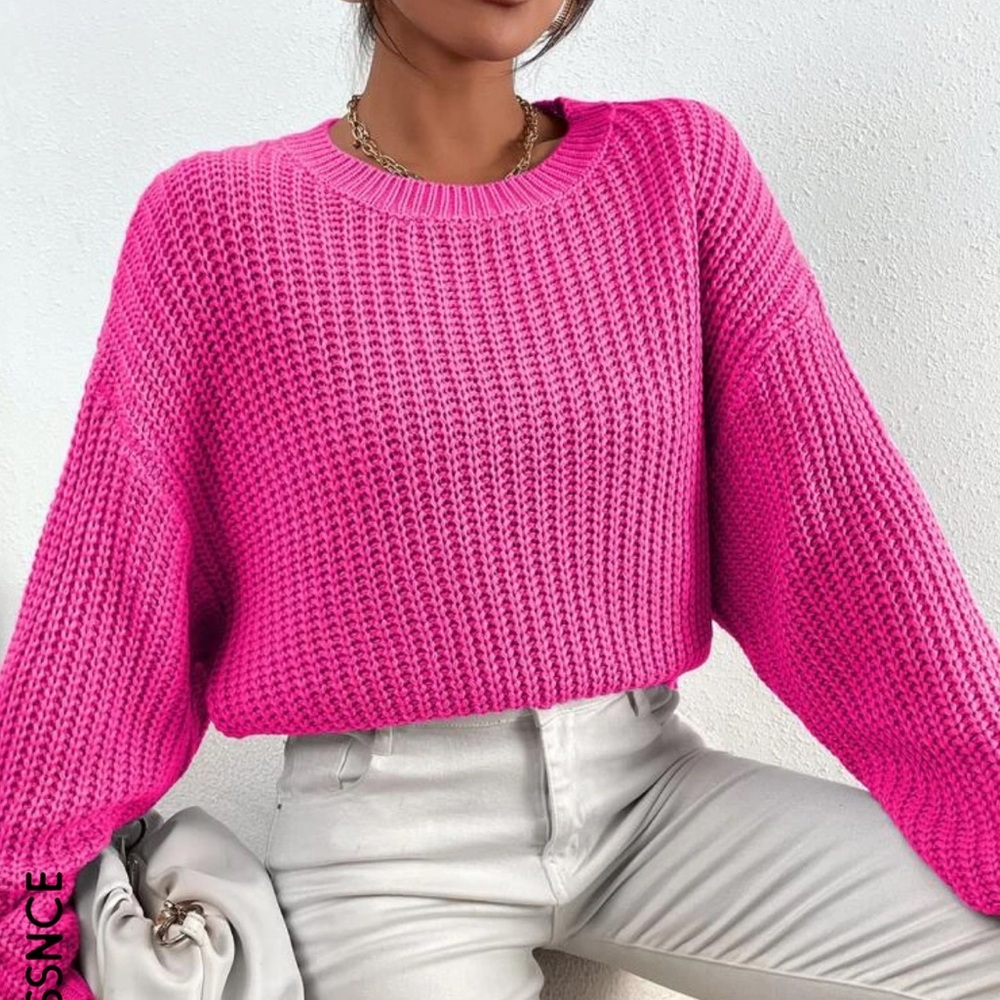Hot Pink Solid Ribbed Knit Drop Shoulder Sweater